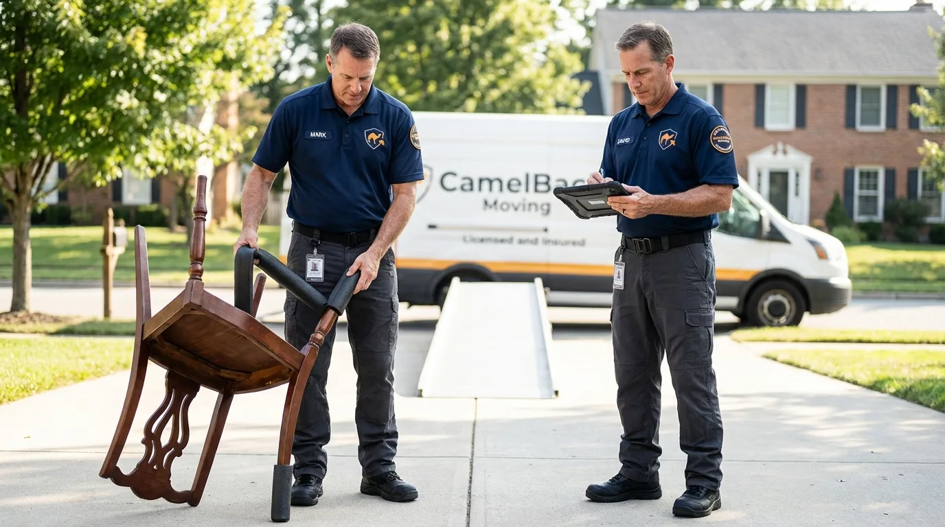 Movers inspecting furniture for damage prevention before loading in Platteville, WI