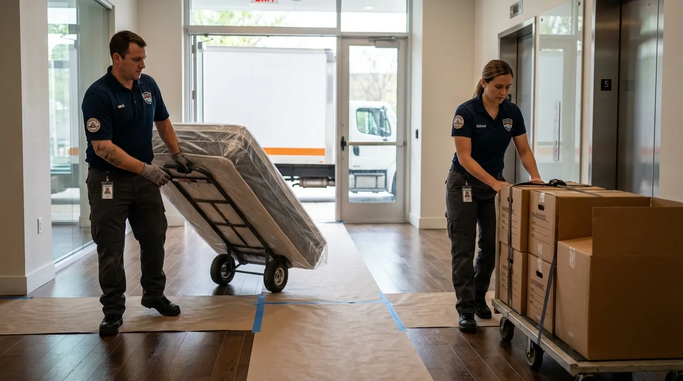 Professional apartment movers loading elevator in Platteville, WI