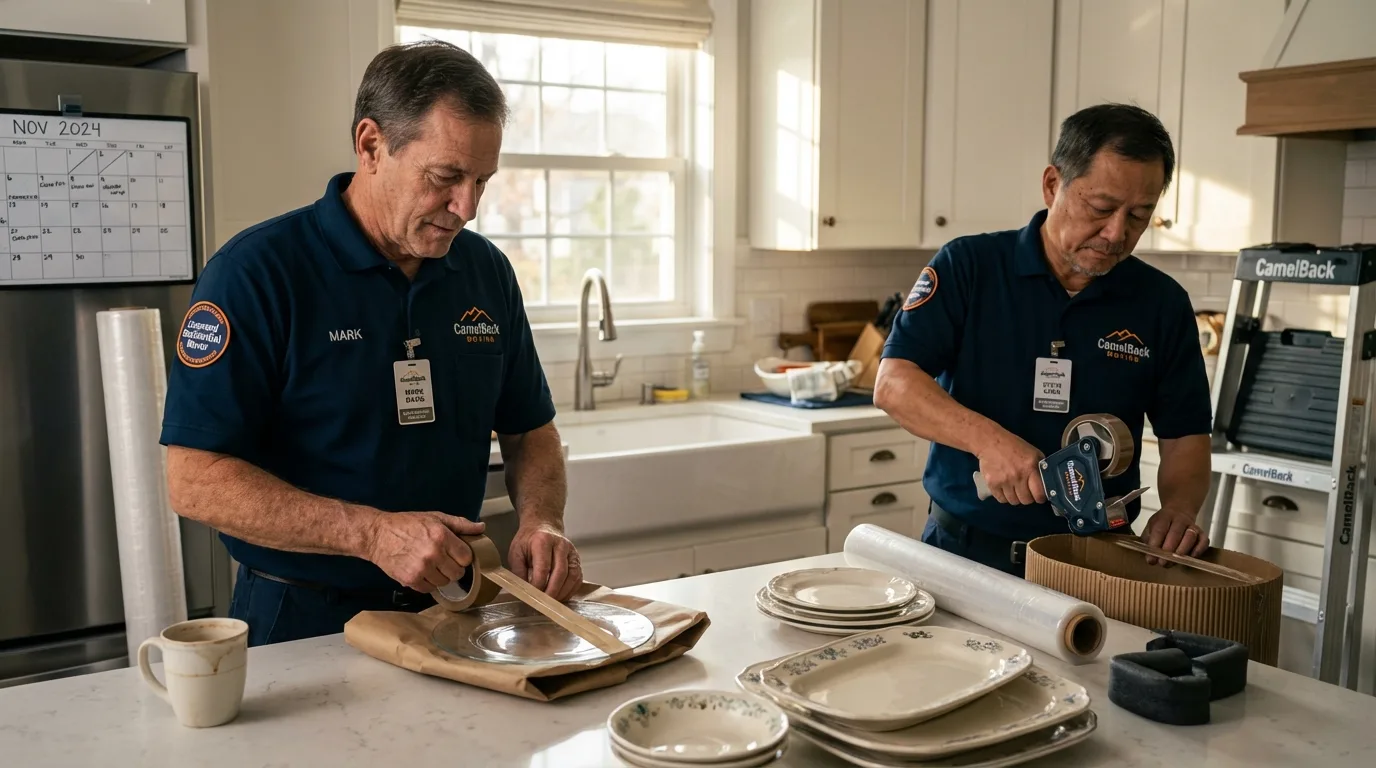 Professional crew packing kitchen dishware in Platteville, WI